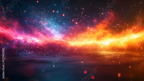 A colorful galaxy with a bright sun in the center. The sun is surrounded by a large number of stars and planets. The scene is full of energy and excitement, with the sun shining brightly