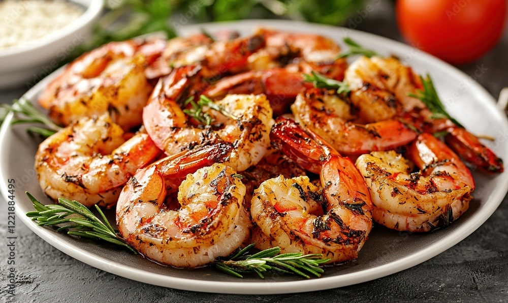 Grilled shrimp with herbs on a plate, kitchen setting, healthy meal prep Grilled shrimp with herbs on a plate, kitchen setting, healthy meal prep