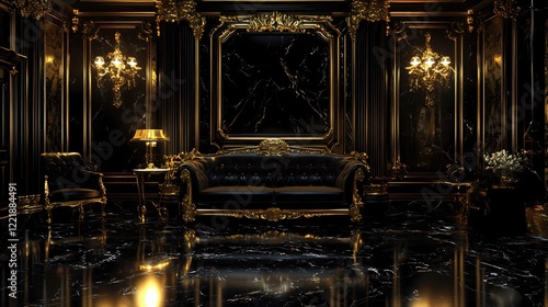 Luxurious Black and Gold Interior Design Elegant Room Setting Interior 3D Render