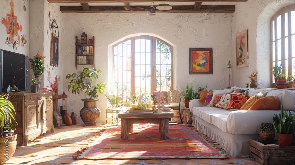 Fototapeta premium Sunny Mediterranean Living Room Interior Design Cozy Home Decor Interior 3D Render