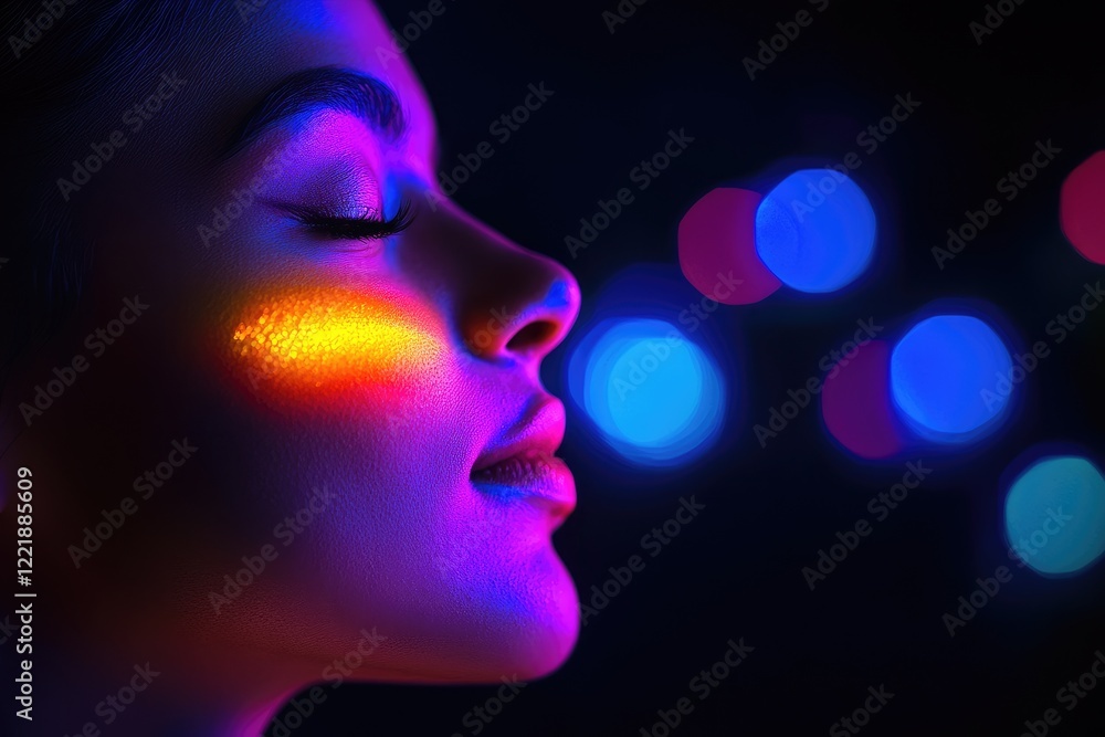 Neon Dreams: A Portrait of Serene Beauty in Vibrant Light Neon Dreams: A Portrait of Serene Beauty in Vibrant Light