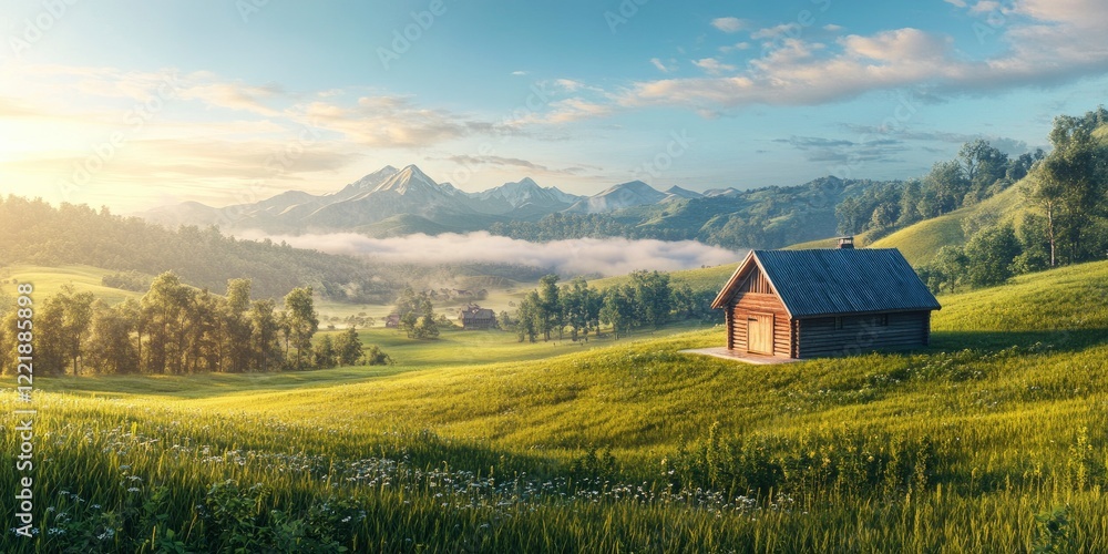A small house in the middle of green fields, with hills and mountains in the background, under a blue sky and misty morning light A small house in the middle of green fields, with hills and mountains in the background, under a blue sky and misty morning light