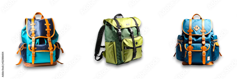 Three stylish backpacks isolated on transparent background Three stylish backpacks isolated on transparent background