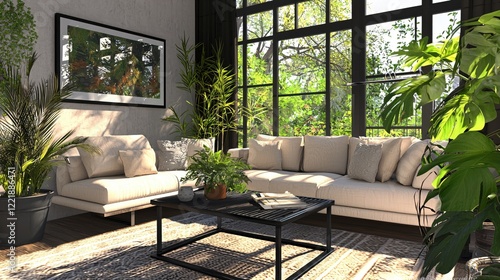 Modern Living Room Sunlight Plants Sofa Design Interior Interior 3D Render