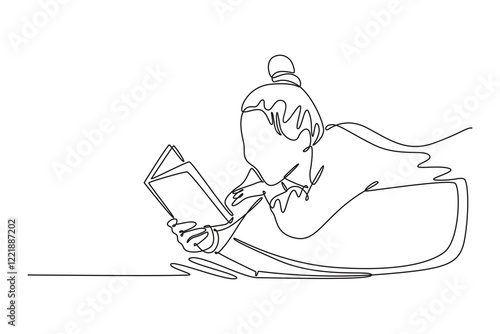 Book reading concept. Single line draw design vector graphic illustration.