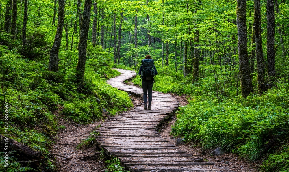 Fototapeta premium Hiker with backpack walks winding wooden path in lush green forest