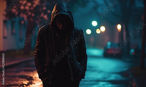 Hooded figure walking down foggy street at night