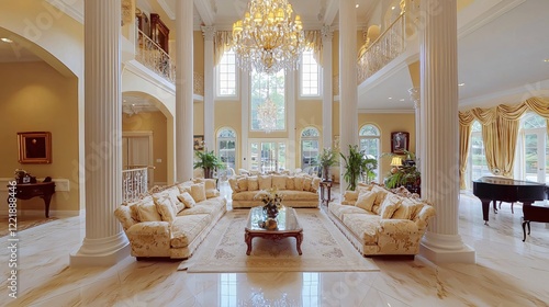 Elegant Grand Mansion Living Room Interior Design with Crystal Chandelier and Cream Sofa Interior 3D Render