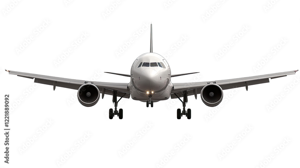 Airplane Landing Approach: A large commercial airliner approaches for landing, captured in a head-on view showcasing its powerful engines and sleek design. Airplane Landing Approach: A large commercial airliner approaches for landing, captured in a head-on view showcasing its powerful engines and sleek design.