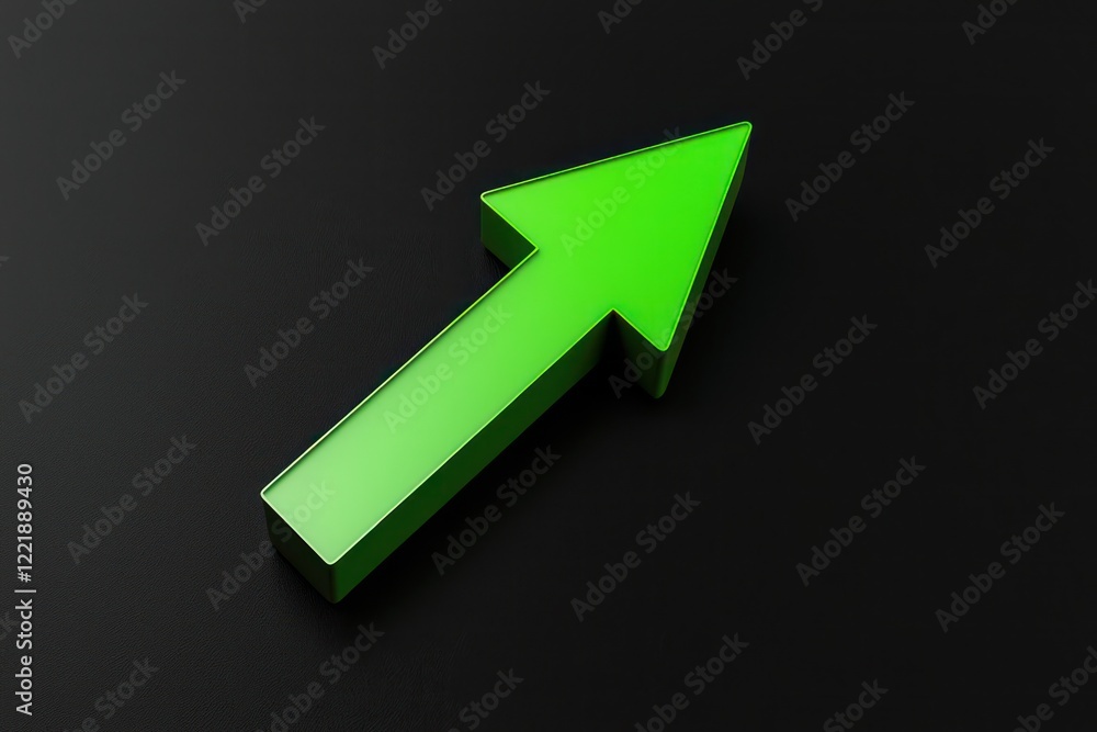 Green arrow in a simplistic 3D render points up, black background. Green arrow in a simplistic 3D render points up, black background.