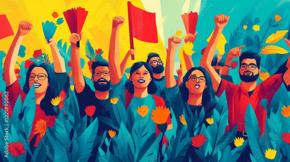 Fototapeta premium Vibrant Illustration of a Diverse Group Protesting with Raised Fists and Flags Amidst Lush Foliage