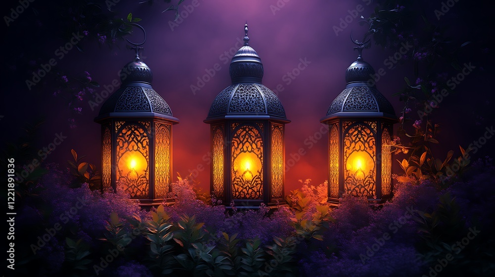Fototapeta premium Illuminated Lanterns Amidst Nighttime Flora