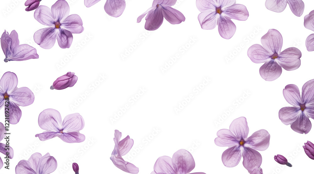 Falling lilac flowers, with space for text, isolated on white, created with Generative AI technology, PNG Falling lilac flowers, with space for text, isolated on white, created with Generative AI technology, PNG