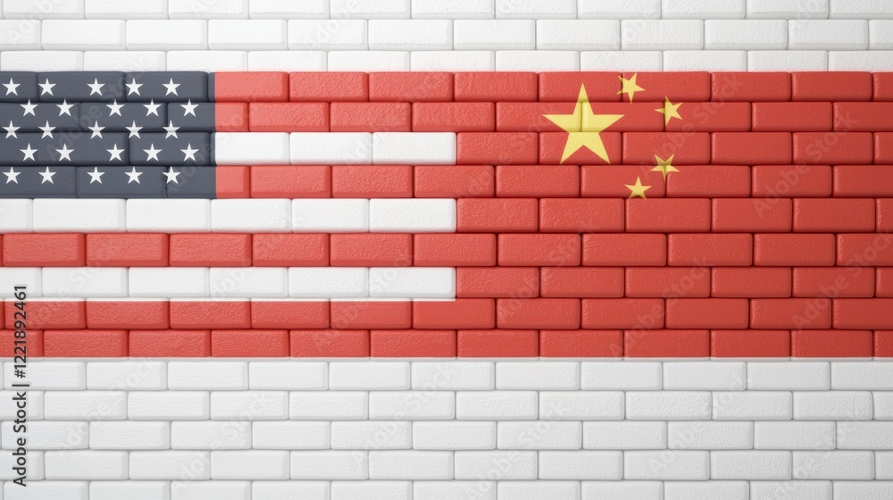 Brick Wall Symbolizing Tariff Barrier Between USA and China Brick Wall Symbolizing Tariff Barrier Between USA and China