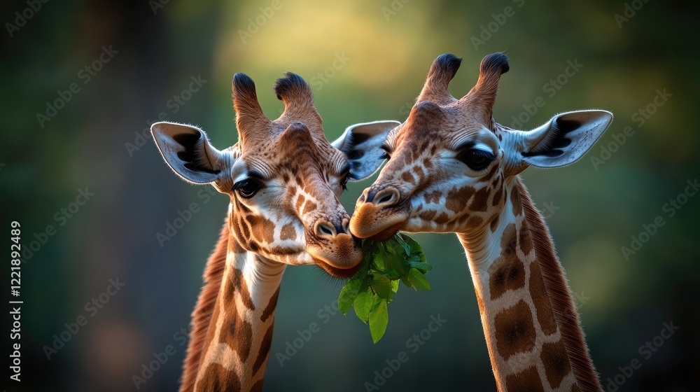 Obraz premium Gentle Giants Sharing a Meal: Two Giraffes Enjoying a Tender Moment in Nature's Embrace