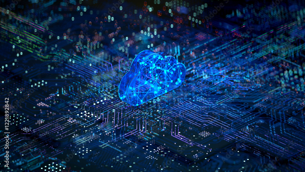 Cloud shape on circuit board symbolizes cloud computing technology and network security concept. 3D rendering, conceptual image.