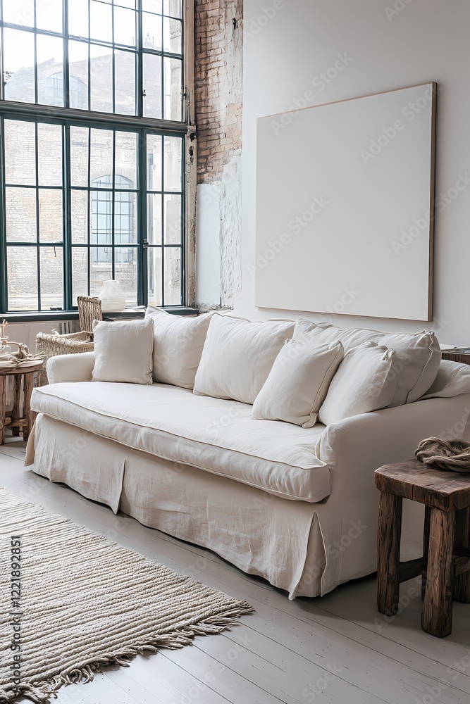 Fototapeta premium Serene Loft Apartment Living Room Design with Beige Sofa and Large Window Interior 3D Render