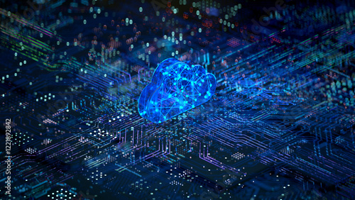 Obraz na płótnie Cloud shape on circuit board symbolizes cloud computing technology and network security concept. 3D rendering, conceptual image. w salonie