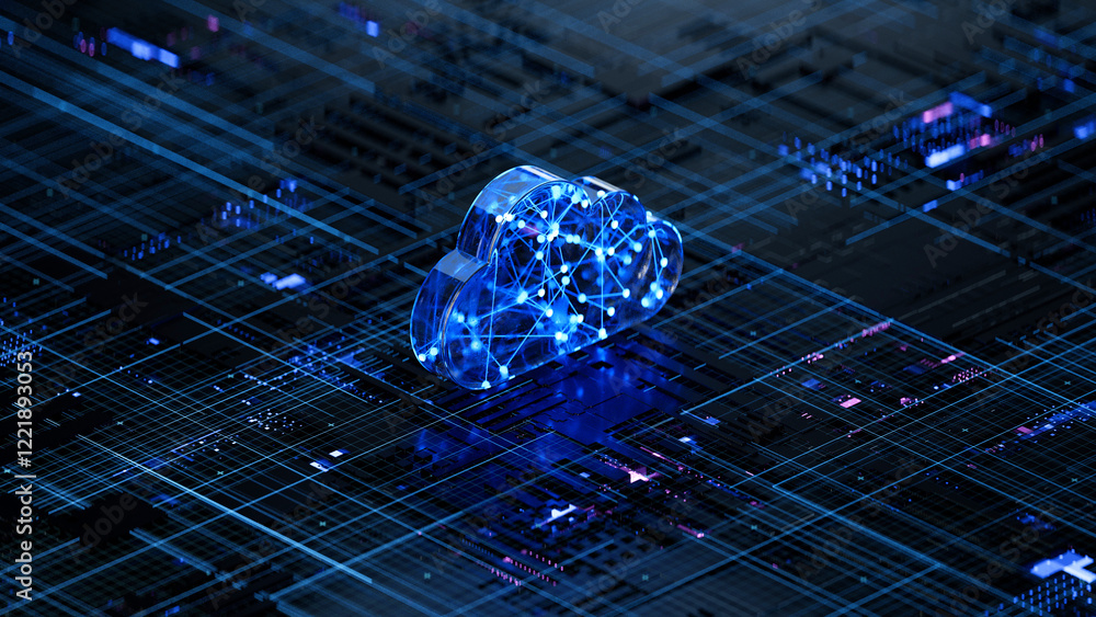 Cloud shape on circuit board symbolizes cloud computing technology and network security concept. 3D rendering, conceptual image.