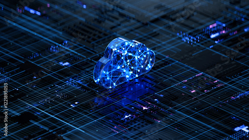 Obraz na płótnie Cloud shape on circuit board symbolizes cloud computing technology and network security concept. 3D rendering, conceptual image. w salonie