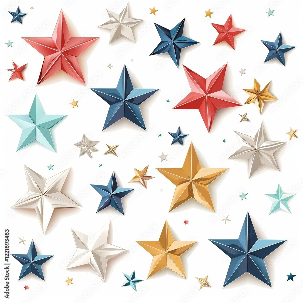 Obraz premium Festive Colorful Stars Background Holiday Pattern Patriotic Decor Shiny Starburst Design