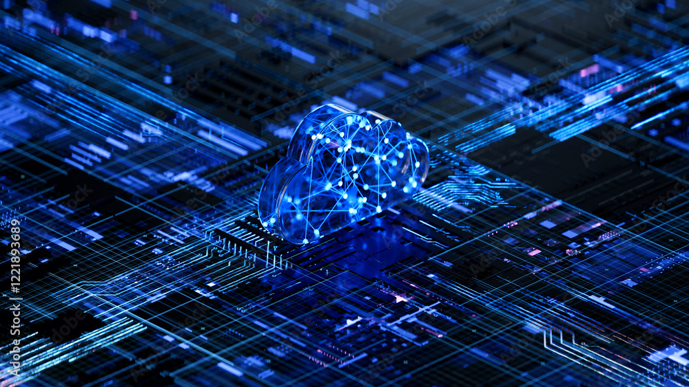 Cloud shape on circuit board symbolizes cloud computing technology and network security concept. 3D rendering, conceptual image.
