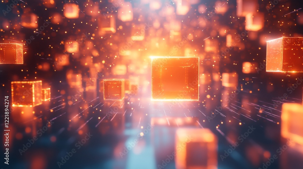 Glowing Orange Cubes Float In A Digital Space Glowing Orange Cubes Float In A Digital Space
