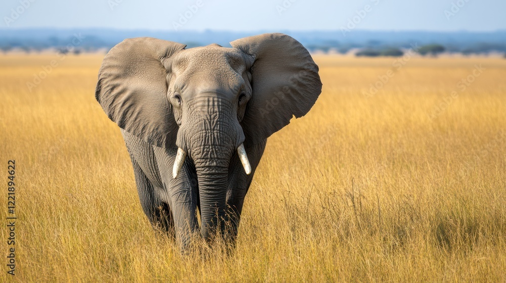 Fototapeta premium Elephant walking towards the camera in tall grass.