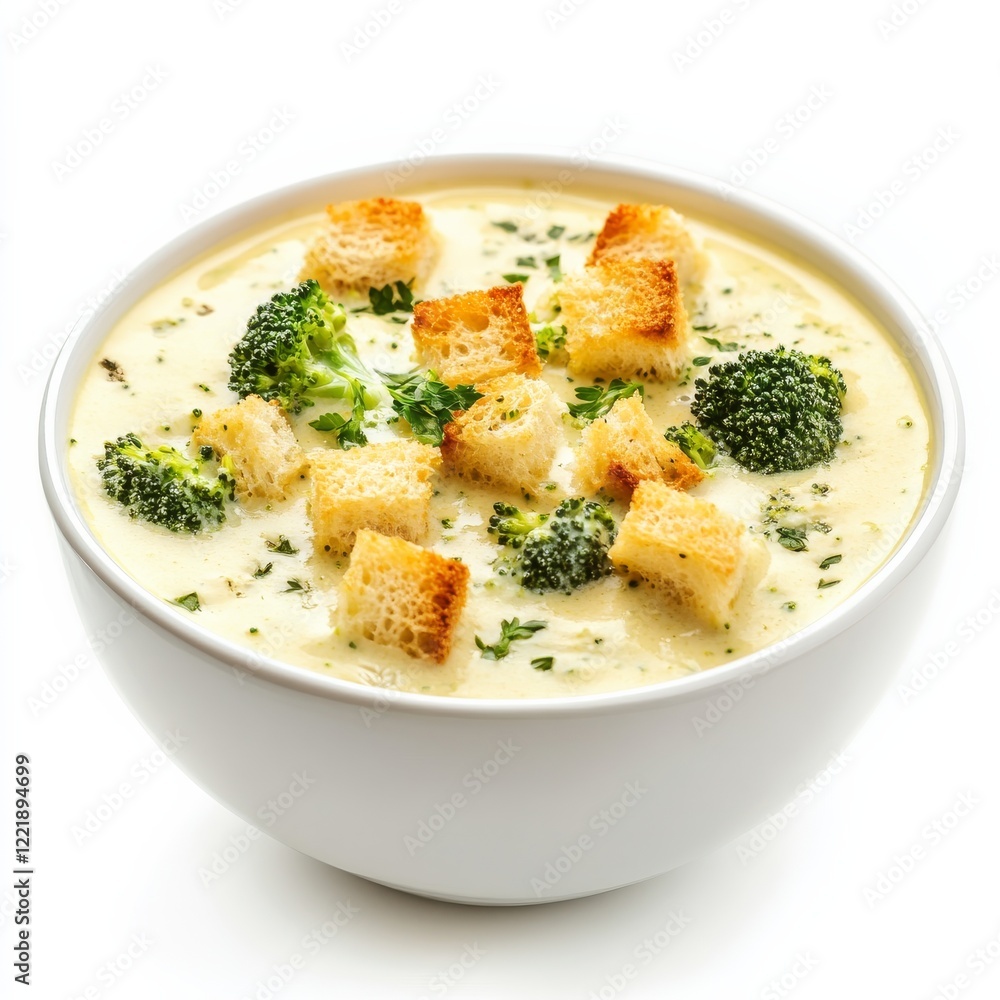 A bowl of creamy broccoli cheddar soup with croutons, isolated white background, modern art style A bowl of creamy broccoli cheddar soup with croutons, isolated white background, modern art style