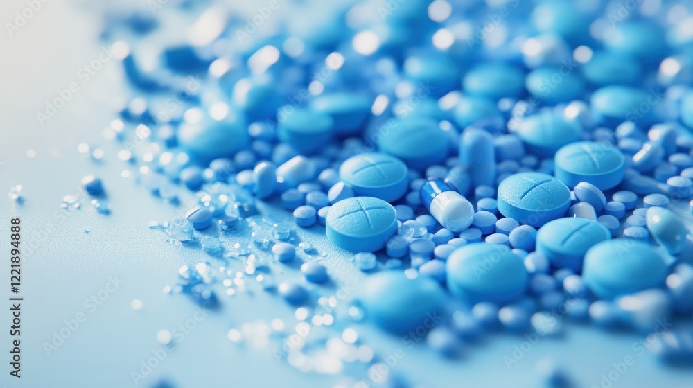 Blue pills scattered on a light blue surface. Healthcare concept Blue pills scattered on a light blue surface. Healthcare concept