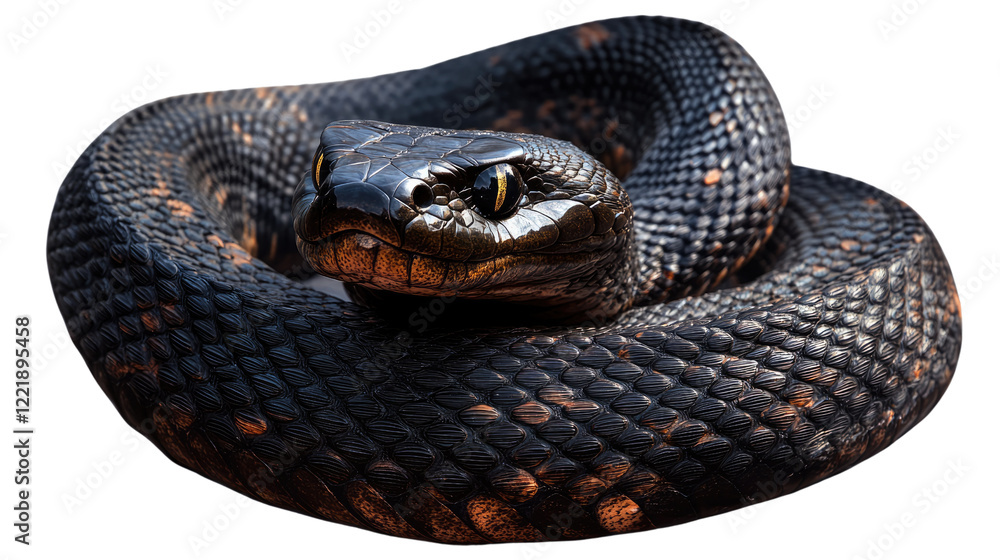 Fototapeta premium Black Snake Close-up: A black snake with mesmerizing scales and a sharp, piercing gaze coils itself in a defensive posture, creating a captivating portrait of raw power and primal instinct. 