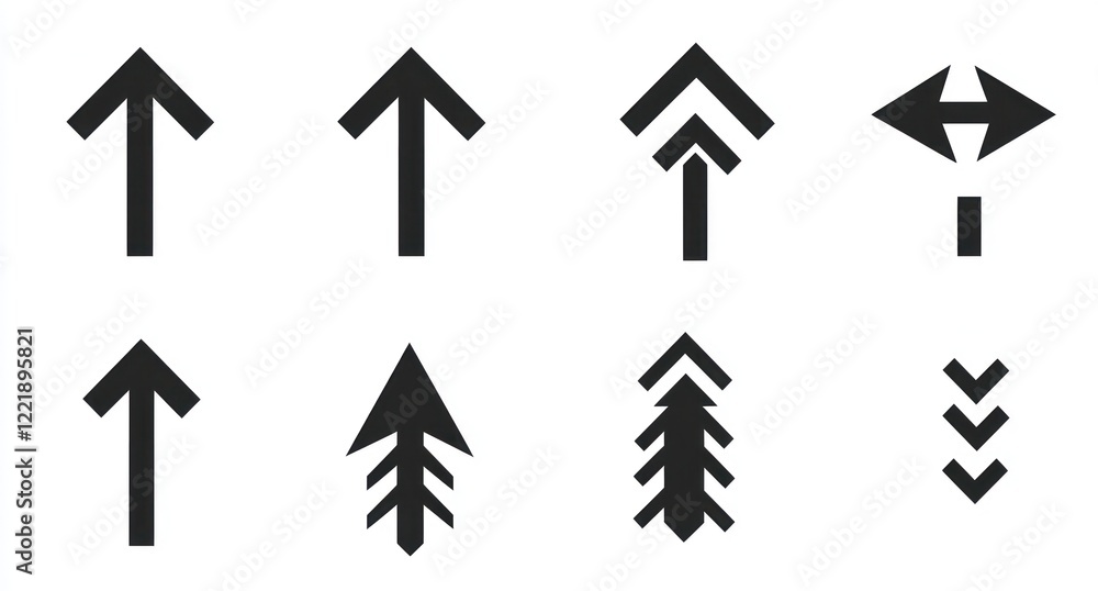 Monochrome vector arrows in black, showcasing multiple directions on white. Monochrome vector arrows in black, showcasing multiple directions on white.