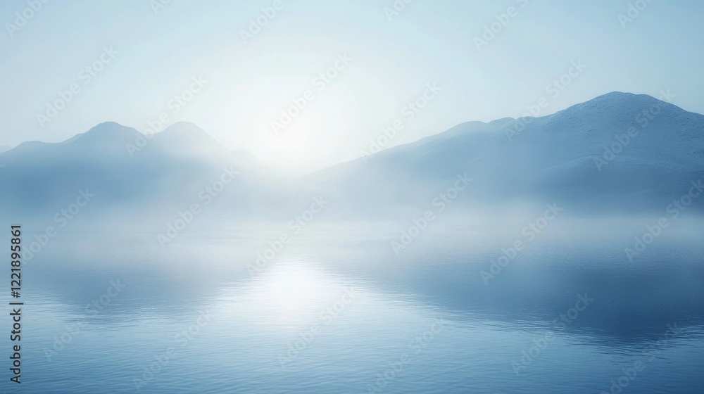 Fototapeta premium product display background, arctic blue atmosphere, dancing light streams, organic shadow forms, serene winter setting, smooth reflective surface, mystical fog effects, elegant minimal design, gentle