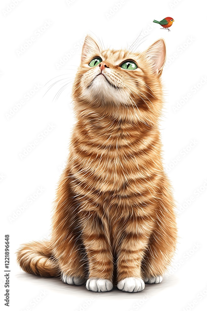Obraz premium Orange Tabby Cat Looking at a Bird Illustration