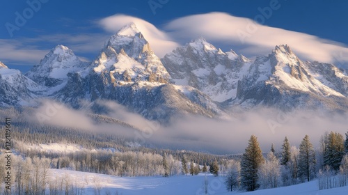 Wallpaper Mural majestic winter mountains, snow-dusted peaks, peaceful alpine scene, gentle cloud wisps, clear winter atmosphere, natural mountain forms, pristine snow cover, panoramic winter vista, white mountain Torontodigital.ca