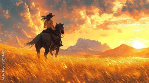 Cowgirl riding horse at sunset in a field.