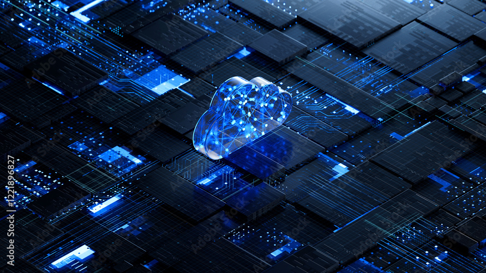 Cloud shape on circuit board symbolizes cloud computing technology and network security concept. 3D rendering, conceptual image.