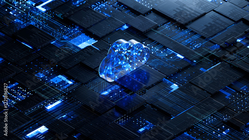 Obraz na płótnie Cloud shape on circuit board symbolizes cloud computing technology and network security concept. 3D rendering, conceptual image. w salonie