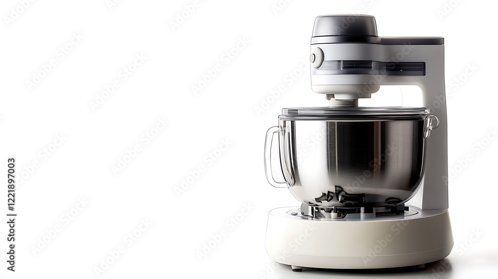 A white food processor with green vegetables is shown. A white food processor with green vegetables is shown.