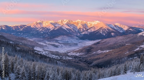 Winter mountain panoramic vista, golden hour alpenglow on peaks, deep valley with snow-laden trees, dramatic mountain ridgelines, untouched snowy terrain, tranquil dawn atmosphere, high-resolution photo