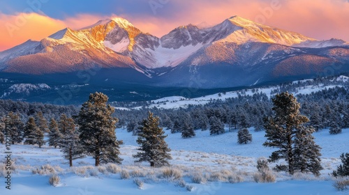 Sweeping mountain range landscape, pristine snow-covered slopes, winter sunrise illuminating peaks, alpine valley with evergreen forest, raw wilderness terrain, crisp morning light, atmospheric