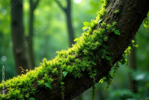 Mossy tillandsia recurvata on a deciduous tree, leaves, growth, epiphyte photo