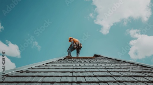A roofer working on the roof repair of a home