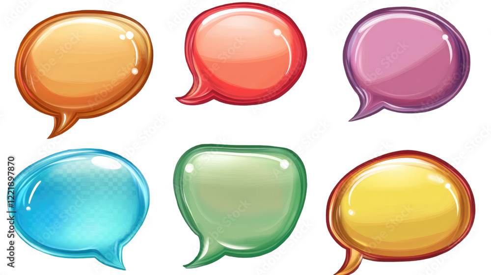 Colorful Speech Bubbles: A set of six vibrant, glossy speech bubbles in various shapes and colors, perfect for adding a playful and expressive touch to your designs. Colorful Speech Bubbles: A set of six vibrant, glossy speech bubbles in various shapes and colors, perfect for adding a playful and expressive touch to your designs.