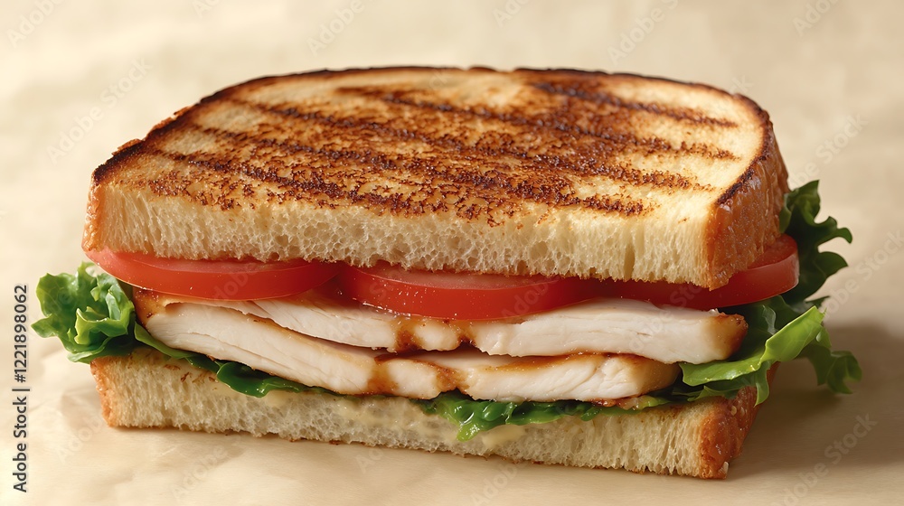 A bright image of a sandwich. It has toasted bread, lettuce, tomato, cheese, and chicken, A bright image of a sandwich. It has toasted bread, lettuce, tomato, cheese, and chicken,