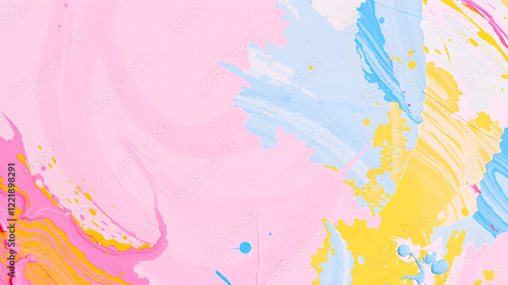 An abstract painting with a playful and vibrant palette, featuring swirling and splattered hues of pink, blue, and yellow. An abstract painting with a playful and vibrant palette, featuring swirling and splattered hues of pink, blue, and yellow.