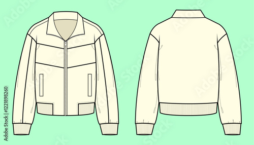 Women long sleeve outerwear crop bomber jacket flat sketch outline template CAD.