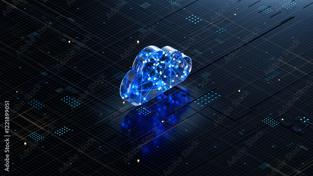 Cloud shape on circuit board symbolizes cloud computing technology and network security concept. 3D rendering, conceptual image.