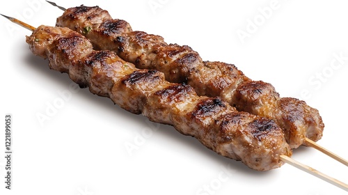 The skewer has chunks of cooked meat, topped with greens and seeds. 