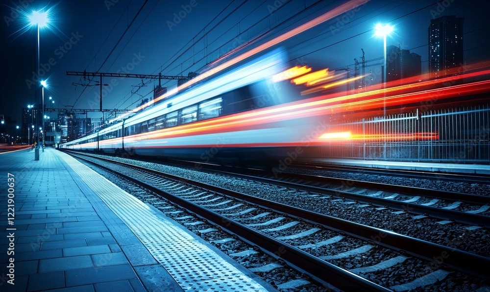 Naklejka premium Speeding train at night, urban station, city backdrop, transportation concept